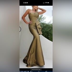 Terani Couture Gold Strapless Evening Gown